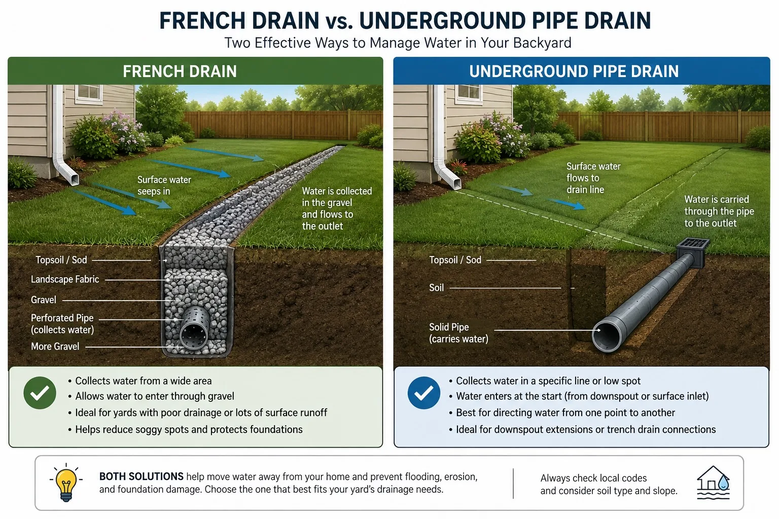 French drain vs underground pipe drain diagram
